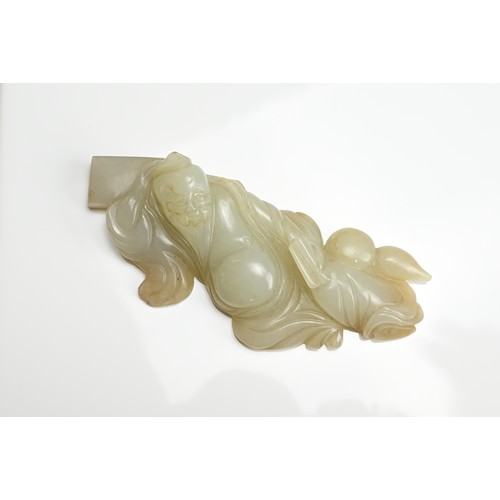 61 - A CHINESE WHITE JADE FIGURE OF A SCHOLAR ON WOODEN STAND, QING DYNASTY. The bearded scholar resting ... 