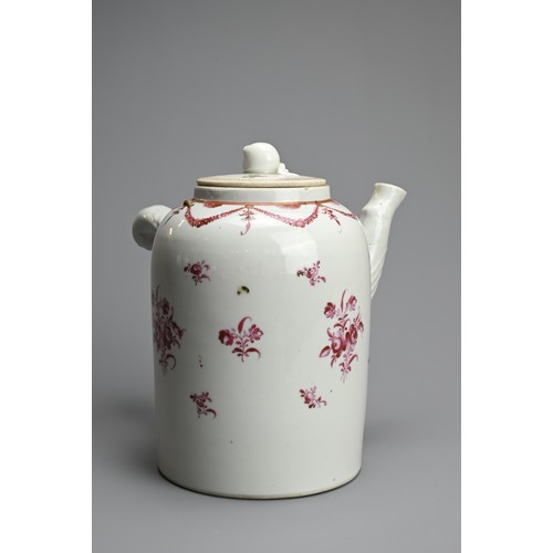 64 - A CHINESE FAMILLE ROSE PORCELAIN CHOCOLATE POT, 18TH CENTURY. With moulded handle and spout decorate... 