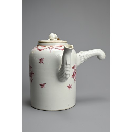 64 - A CHINESE FAMILLE ROSE PORCELAIN CHOCOLATE POT, 18TH CENTURY. With moulded handle and spout decorate... 