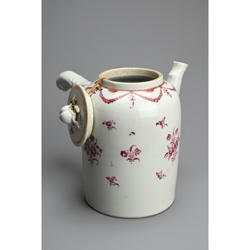 64 - A CHINESE FAMILLE ROSE PORCELAIN CHOCOLATE POT, 18TH CENTURY. With moulded handle and spout decorate... 