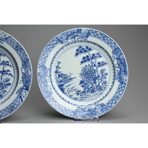 67 - A PAIR OF CHINESE BLUE AND WHITE PORCELAIN DISHES, 18TH CENTURY. Decorated with landscape scene with... 