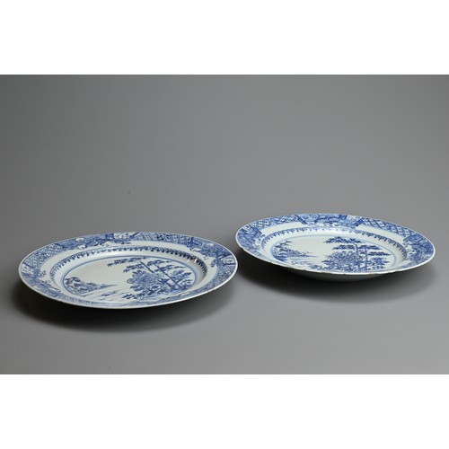 67 - A PAIR OF CHINESE BLUE AND WHITE PORCELAIN DISHES, 18TH CENTURY. Decorated with landscape scene with... 