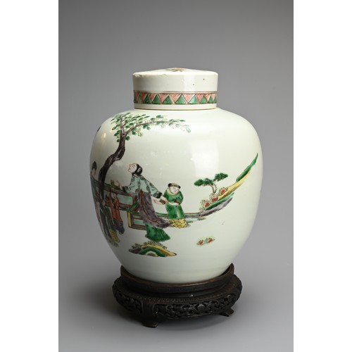 74 - A LARGE CHINESE FAMILLE VERTE PORCELAIN JAR AND COVER, LATE QING DYNASTY. Of ovoid form decorated wi... 