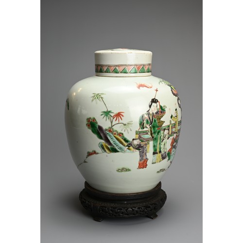 74 - A LARGE CHINESE FAMILLE VERTE PORCELAIN JAR AND COVER, LATE QING DYNASTY. Of ovoid form decorated wi... 