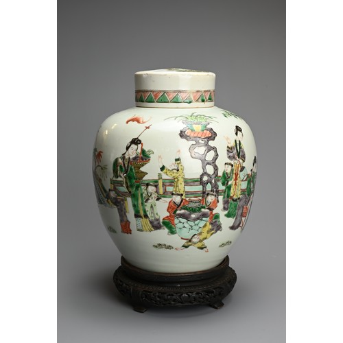 74 - A LARGE CHINESE FAMILLE VERTE PORCELAIN JAR AND COVER, LATE QING DYNASTY. Of ovoid form decorated wi... 