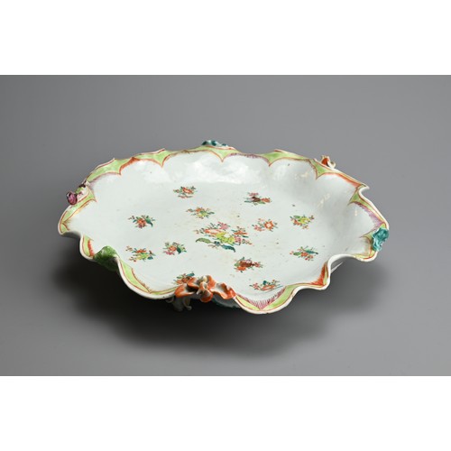 75 - A CHINESE FAMILLE ROSE PORCELAIN LOTUS DISH, 18TH CENTURY. Of lobed form in the form of a large lotu... 