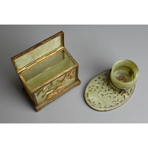 78 - A CHINESE INLAID JADE BOX AND DESK ORNAMENT, 20TH CENTURY. Inlaid with various stones to include cor... 