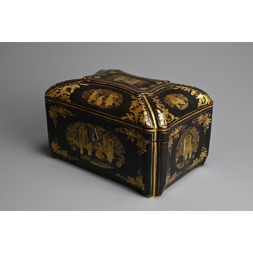 84 - A CHINESE EXPORT BLACK LACQUERED AND GILT TEA CADDY, 19/20TH CENTURY. Decorated with figural scenes ... 