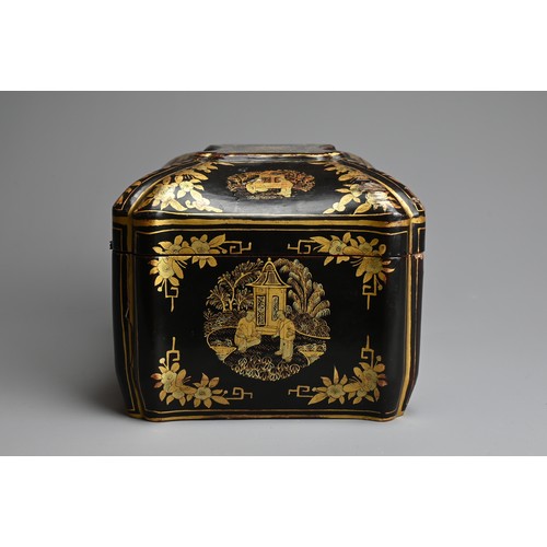 84 - A CHINESE EXPORT BLACK LACQUERED AND GILT TEA CADDY, 19/20TH CENTURY. Decorated with figural scenes ... 