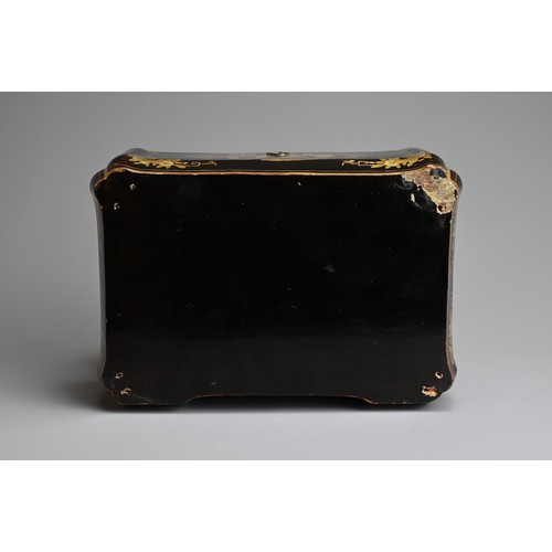 84 - A CHINESE EXPORT BLACK LACQUERED AND GILT TEA CADDY, 19/20TH CENTURY. Decorated with figural scenes ... 