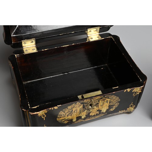 84 - A CHINESE EXPORT BLACK LACQUERED AND GILT TEA CADDY, 19/20TH CENTURY. Decorated with figural scenes ... 