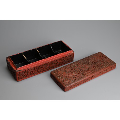 85 - A CHINESE RED LACQUER BOX AND COVER, EARLY 20TH CENTURY. Of rectangular form carved in relief with p... 