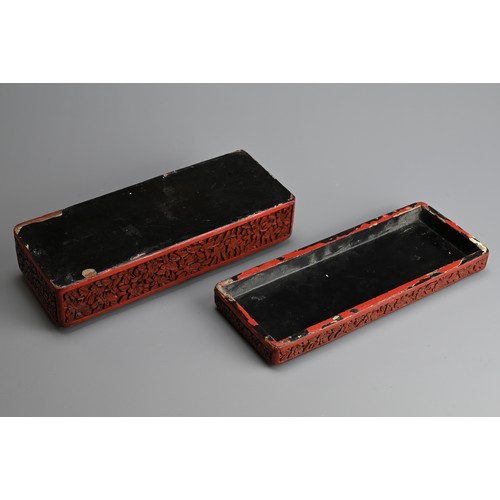 85 - A CHINESE RED LACQUER BOX AND COVER, EARLY 20TH CENTURY. Of rectangular form carved in relief with p... 