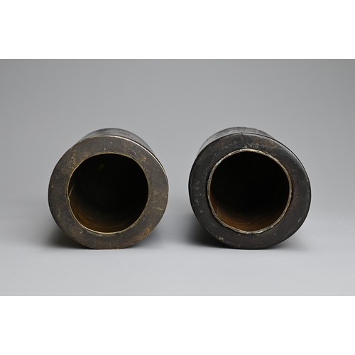 91 - TWO CHINESE METAL LINED BAMBOO BRUSH POTS, 20TH CENTURY. Each of cylindrical form carved with landsc... 