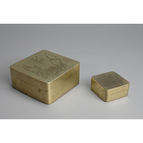 92 - TWO CHINESE PAKTONG INK BOXES, EARLY 20TH CENTURY. Each of square form decorated with landscape scen... 