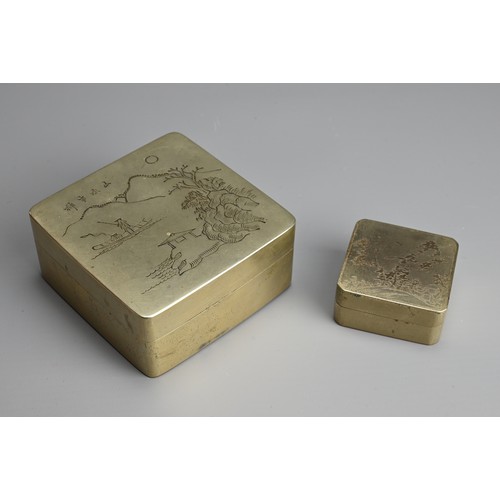 92 - TWO CHINESE PAKTONG INK BOXES, EARLY 20TH CENTURY. Each of square form decorated with landscape scen... 