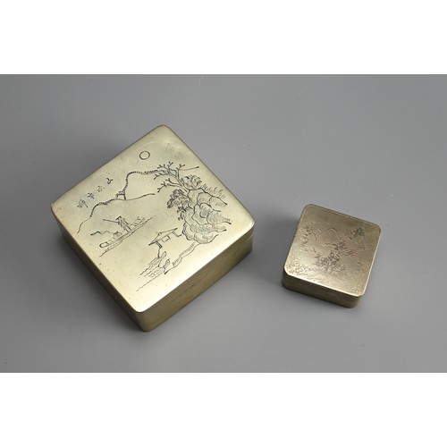 92 - TWO CHINESE PAKTONG INK BOXES, EARLY 20TH CENTURY. Each of square form decorated with landscape scen... 