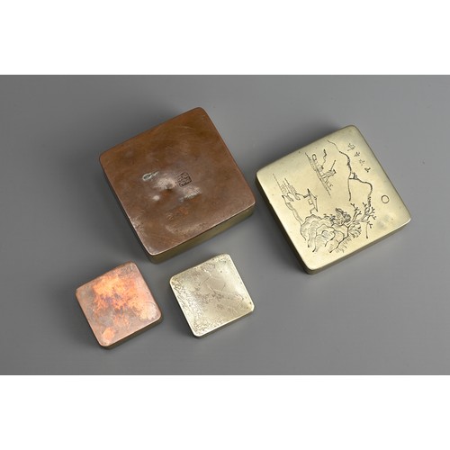 92 - TWO CHINESE PAKTONG INK BOXES, EARLY 20TH CENTURY. Each of square form decorated with landscape scen... 