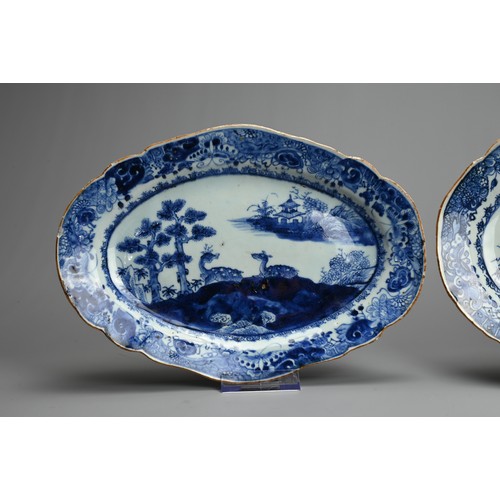 1 - TWO CHINESE BLUE AND WHITE PORCELAIN DISHES, 18TH CENTURY. Of lobed oval form decorated with deer in... 