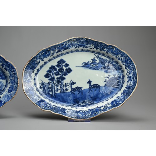 1 - TWO CHINESE BLUE AND WHITE PORCELAIN DISHES, 18TH CENTURY. Of lobed oval form decorated with deer in... 