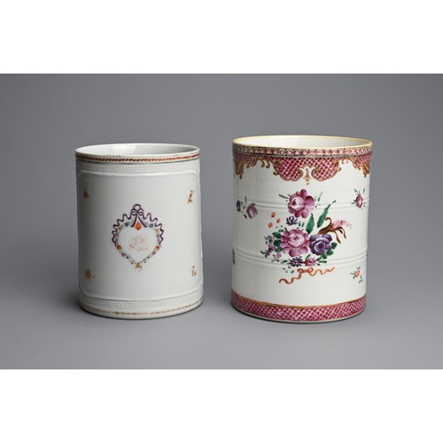 14 - TWO CHINESE FAMILLE ROSE PORCELAIN TANKARDS, 18TH CENTURY. One with moulded butterfly and floral spr... 