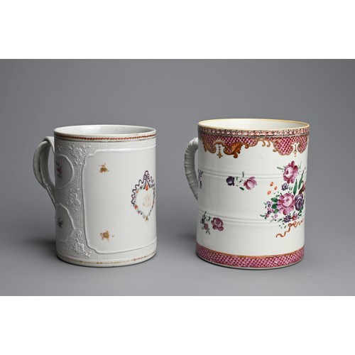 14 - TWO CHINESE FAMILLE ROSE PORCELAIN TANKARDS, 18TH CENTURY. One with moulded butterfly and floral spr... 