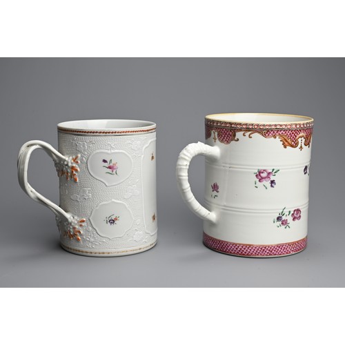 14 - TWO CHINESE FAMILLE ROSE PORCELAIN TANKARDS, 18TH CENTURY. One with moulded butterfly and floral spr... 