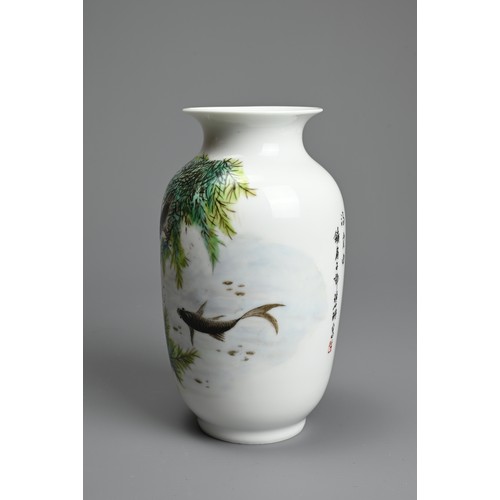 23 - A SMALL CHINESE PORCELAIN VASE. Of ovoid form with flared rim, decorated to the body with fish pond ... 