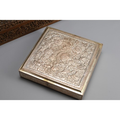 98 - TWO INDIAN BOXES AND HOOKAH BASE. Comprising a carved sandalwood box of rectangular form featuring G... 