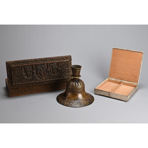 98 - TWO INDIAN BOXES AND HOOKAH BASE. Comprising a carved sandalwood box of rectangular form featuring G... 