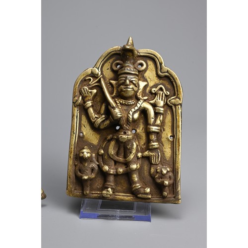 100 - TWO INDIAN BRONZE PLAQUES OF VIRBHADRA. Standing holding their attributes flanked by devotees. 13.5c... 