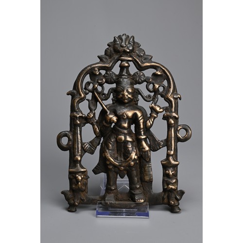 101 - TWO INDIAN BRONZE PLAQUES OF VIRBHADRA AND VISHNU. Standing holding their attributes flanked by devo... 