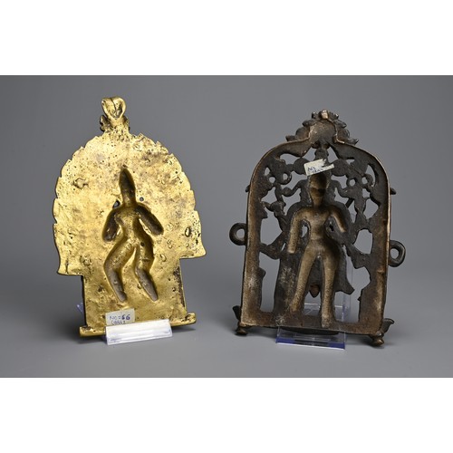 101 - TWO INDIAN BRONZE PLAQUES OF VIRBHADRA AND VISHNU. Standing holding their attributes flanked by devo... 