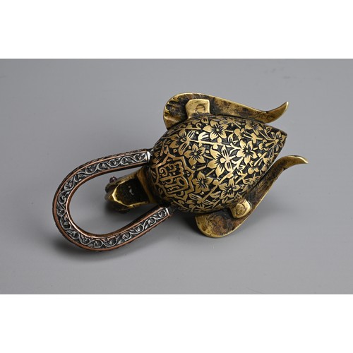 103 - AN ISLAMIC BRASS EWER AND LOCK. The ewer of lobed form  on splayed foot with hinged cover. Together ... 