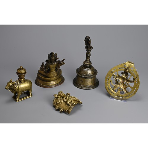 104 - A GROUP OF INDIAN TIBETAN BRONZE BRASS ITEMS. To include a Tibetan figure of Tara on lotus base; An ... 