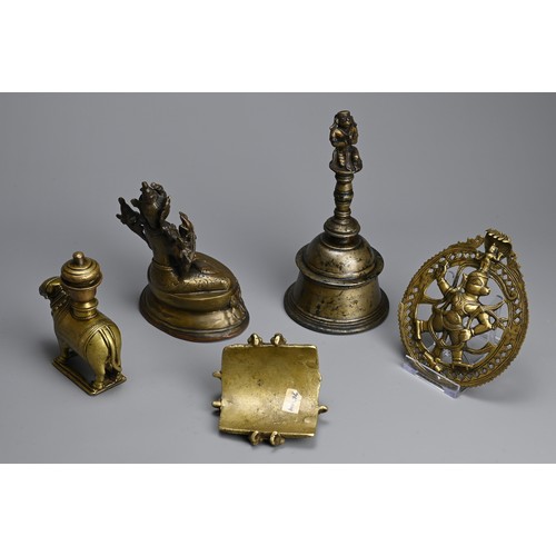 104 - A GROUP OF INDIAN TIBETAN BRONZE BRASS ITEMS. To include a Tibetan figure of Tara on lotus base; An ... 