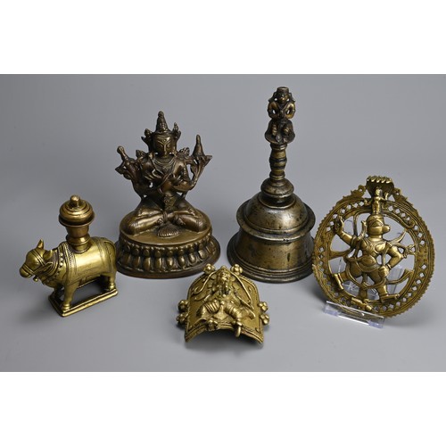 104 - A GROUP OF INDIAN TIBETAN BRONZE BRASS ITEMS. To include a Tibetan figure of Tara on lotus base; An ... 