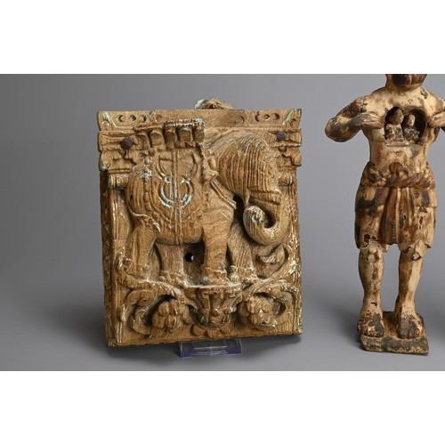 105 - TWO INDIAN CARVED WOOD ITEMS AND STONE CARVING, 20TH CENTURY. To include a carved wooden figure of H... 