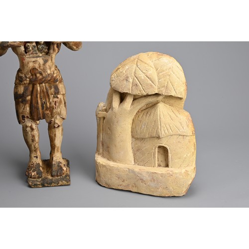 105 - TWO INDIAN CARVED WOOD ITEMS AND STONE CARVING, 20TH CENTURY. To include a carved wooden figure of H... 