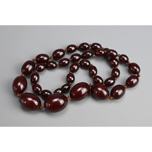 33 - A SINGLE STRAND CHERRY AMBER BEADED NECKLACE. With 36 graduating beads, strung and knotted (no clasp... 