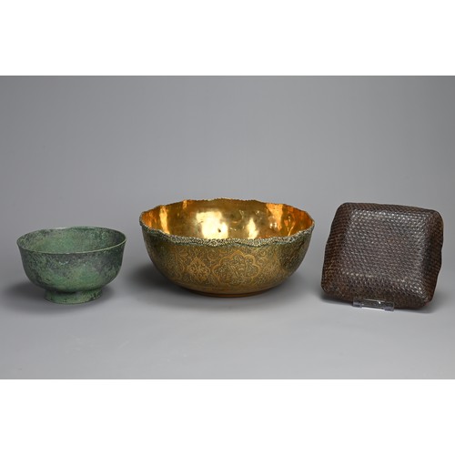 37 - THREE VARIOUS BRASS, BRONZE AND LACQUER ITEMS. To include a large Indian brass bowl; A red lacquer w... 