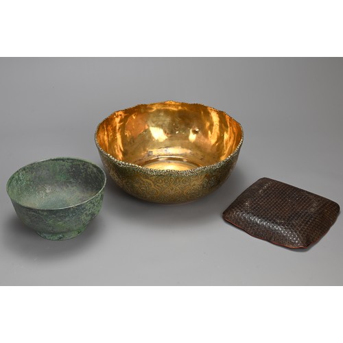 37 - THREE VARIOUS BRASS, BRONZE AND LACQUER ITEMS. To include a large Indian brass bowl; A red lacquer w... 