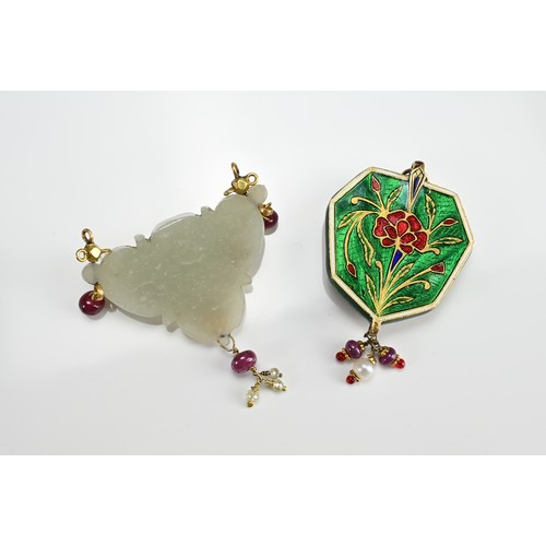 47 - TWO INDIAN GEM SET PENDANTS, 19/20TH CENTURY. To include a carved jade pendant inlaid with diamond a... 