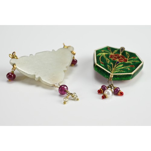 47 - TWO INDIAN GEM SET PENDANTS, 19/20TH CENTURY. To include a carved jade pendant inlaid with diamond a... 