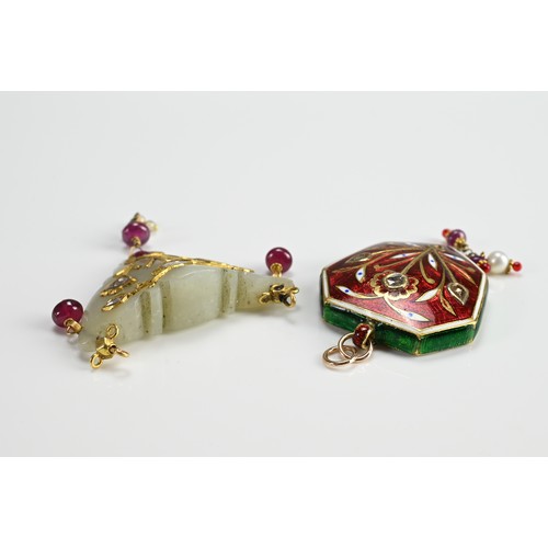 47 - TWO INDIAN GEM SET PENDANTS, 19/20TH CENTURY. To include a carved jade pendant inlaid with diamond a... 