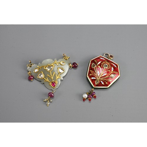 47 - TWO INDIAN GEM SET PENDANTS, 19/20TH CENTURY. To include a carved jade pendant inlaid with diamond a... 