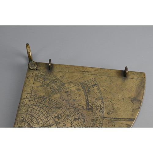 48 - AN ISLAMIC BRASS QUADRANT. Inscribed with Arabic script, projections and grids. 23cm width x 16cm no... 