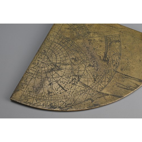 48 - AN ISLAMIC BRASS QUADRANT. Inscribed with Arabic script, projections and grids. 23cm width x 16cm no... 