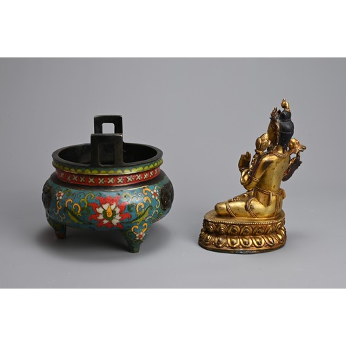 50 - A CHINESE BRONZE CLOISONNE ENAMEL TRIPOD CENSER AND TIBETAN GILT BRONZE FIGURE. The censer decorated... 