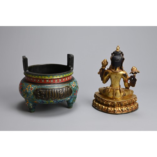 50 - A CHINESE BRONZE CLOISONNE ENAMEL TRIPOD CENSER AND TIBETAN GILT BRONZE FIGURE. The censer decorated... 